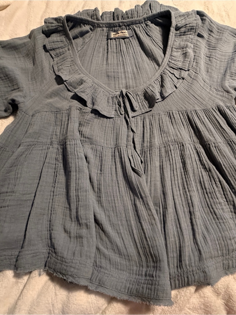 We The Free Dusty Blue Ruffled Scoop-Neck Cotton Tunic